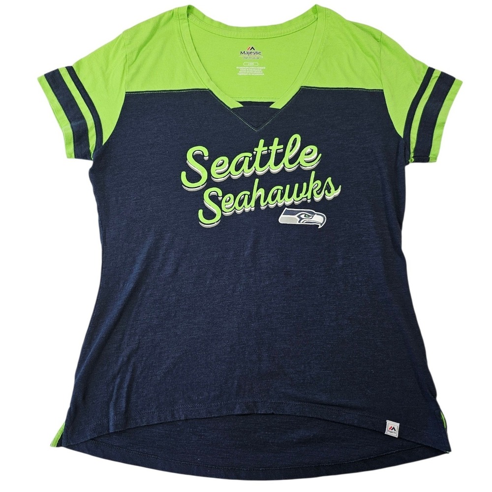 Majestic Seattle Seahawks Women's V-Neck Tee‎ Navy Blue Neon Green Logo Size Lg